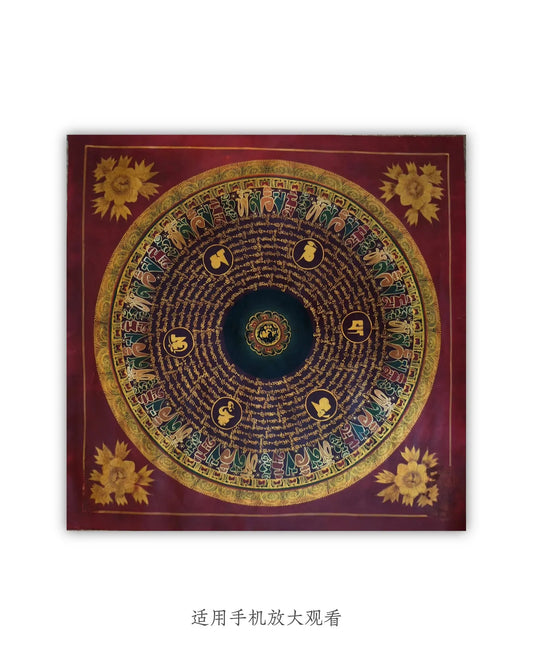 19世纪古董曼陀罗坛城唐卡3号:六字箴言坛城