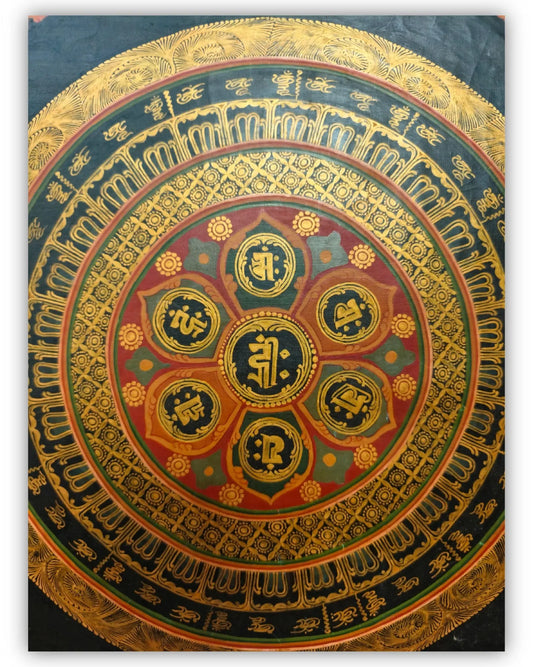 19世纪古董曼陀罗坛城唐卡7号：六字真言咒轮坛城