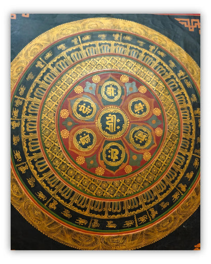 19世纪古董曼陀罗坛城唐卡7号：六字真言咒轮坛城